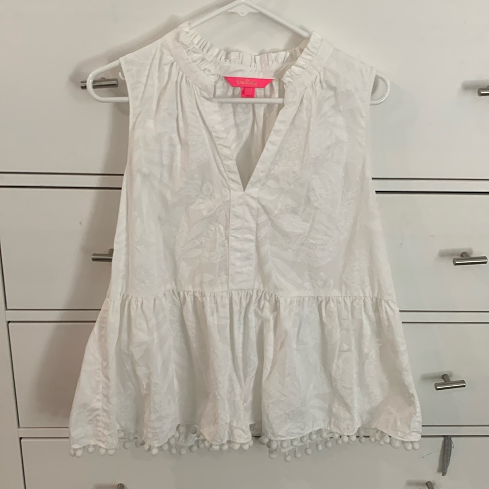Lilly Pulitzer white peplum top with Pom poms